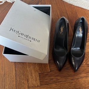 YSL Pumps in Dark Charcoal with Wood Heel